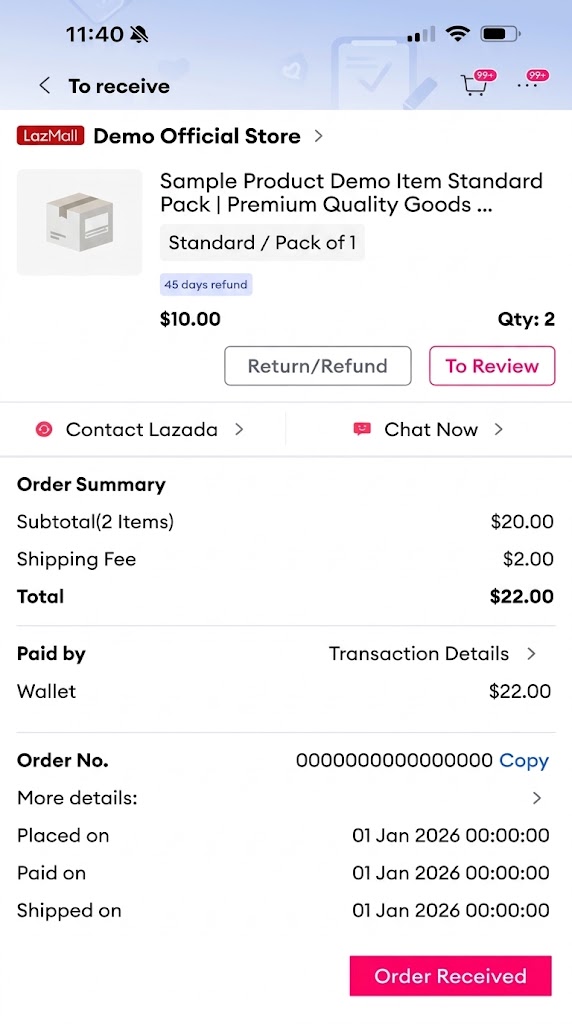 ตัวอย่างการยืนยันคำสั่งซื้อ Lazada (แสดงหมายเลขคำสั่งซื้อ วันที่สั่งซื้อ และยอดชำระทั้งหมด)